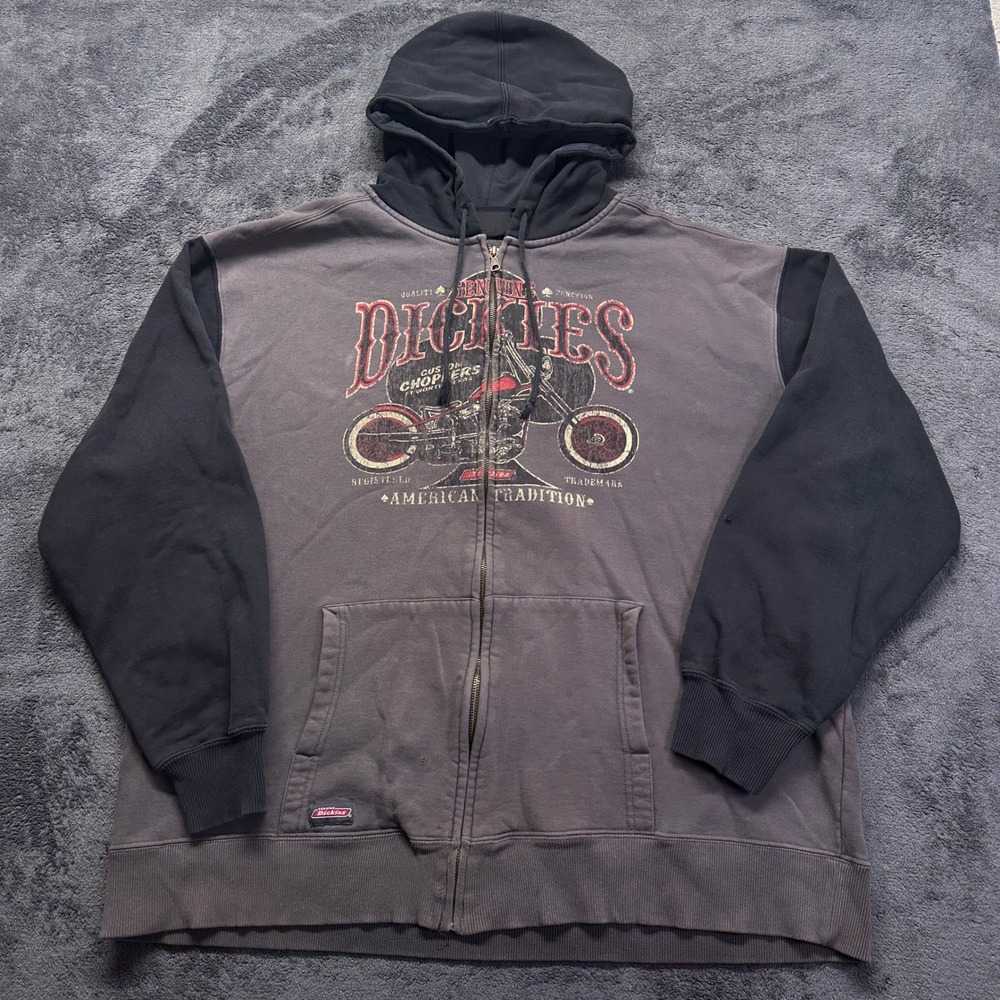 Dickies Full Zip Hoodie Mens 2XL Grey Black Motorcycle Graphic Grunge Choppers